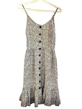 Japna Cheetah Print Button-Front Midi Dress Smocked Back Ruffle Hem Cotton Sz S